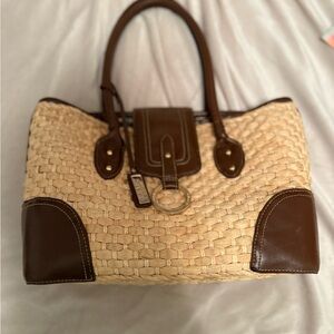 Chaps Beige Woven Tote with Dark Brown Details